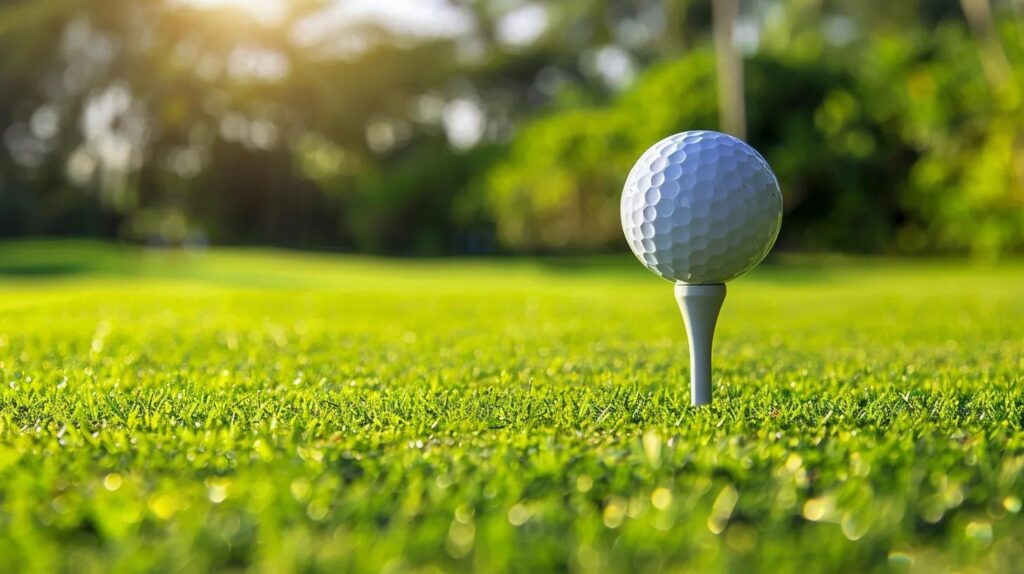 Golf ball on tee on lush green course with sunlight filtering through trees.