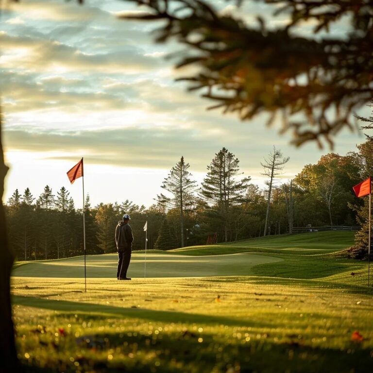 Golfer stands on golf course at sunset with flags and trees in serene atmosphere.