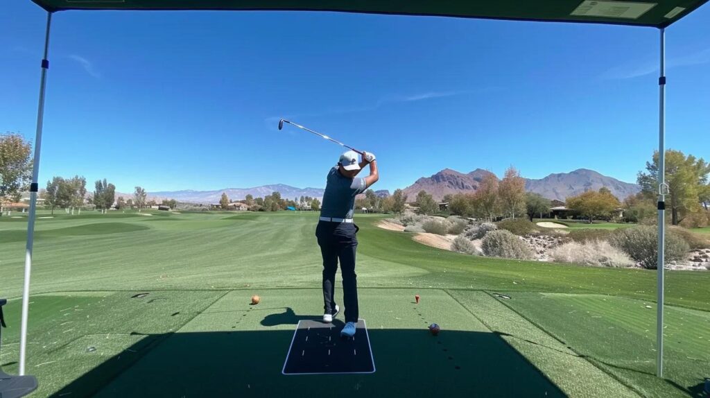Golfer swinging on a driving range with mountains and blue sky in the background.