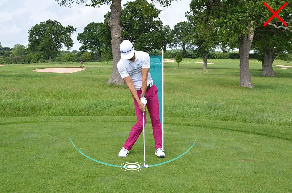 \"Golfer Golfer mid-swing on green course, swing path graphics, red X indicates incorrect form.