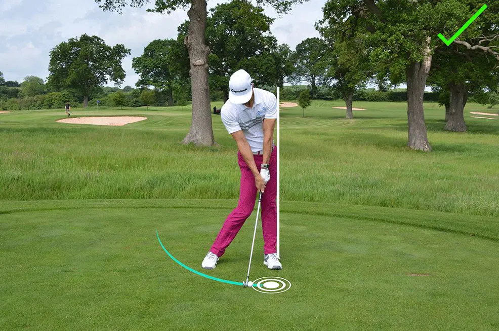 \"Golfer Golfer on course in white cap, pink pants, swing stance with visual guides for improvement.