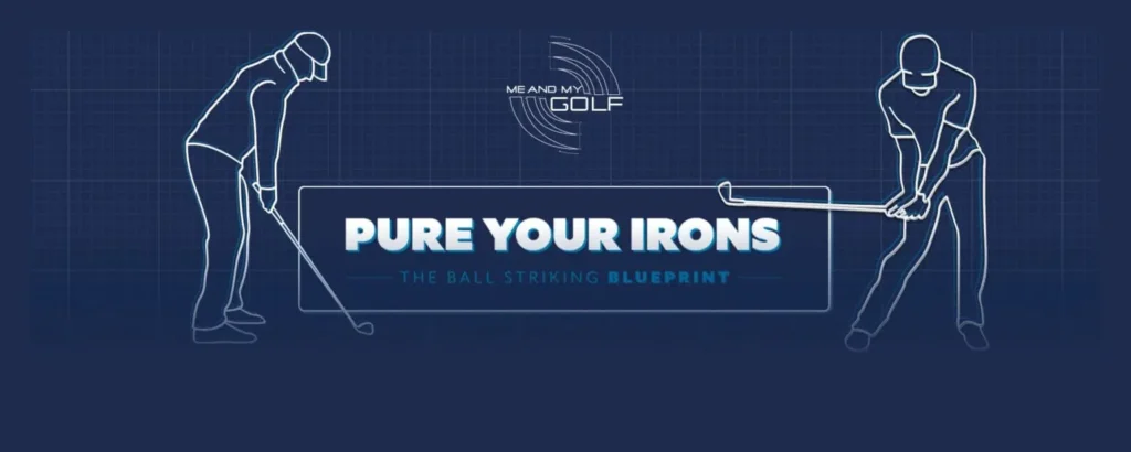 Stylized graphic of two golfers on dark background promoting Me And MyGolf - Pure Your Irons - The Ball Striking Blueprint